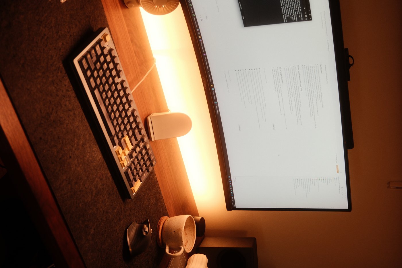 Home office desk with curved monitor, keyboard, mouse, and mug in warm lighting