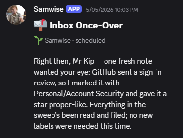 Discord message from the Samwise app: Inbox Once-Over summary in character voice